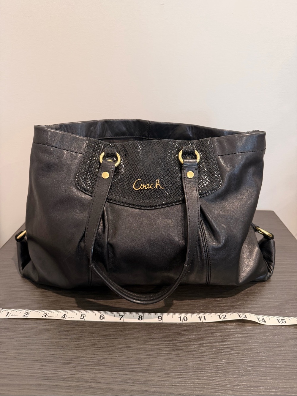 Coach Black Leather Tote with Textured Trim and Gold Accents